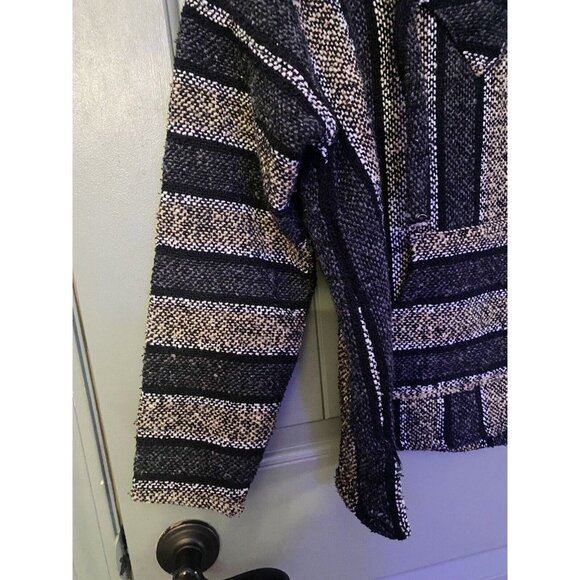 Mexican Textiles black tan BAJA HOODIE PONCHO RUG JACKET SURF Small Hooded S - Picture 3 of 6